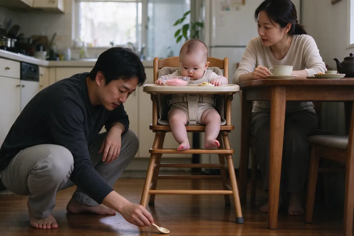 The father crouched beside a high chair picking a spoon up off the kitchen floor while the buckled baby leans over the tray edge to watch, the mother at the table with her tea.