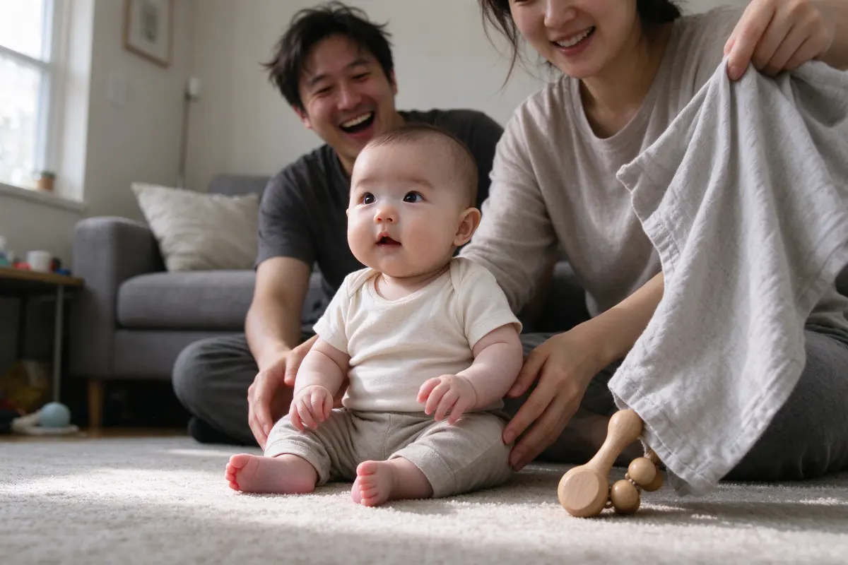 The baby, sitting on the rug with the mother's hands near their hips, pulling a dish towel away to reveal a wooden rattle, the father on the sofa behind them laughing.