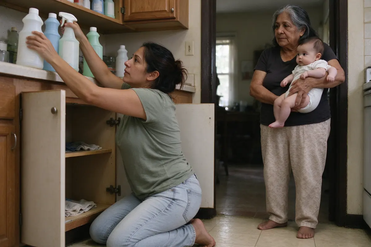 The mother on her knees at an open low kitchen cabinet, moving cleaning bottles up to a high shelf while the grandmother holds the baby on her hip in the doorway.