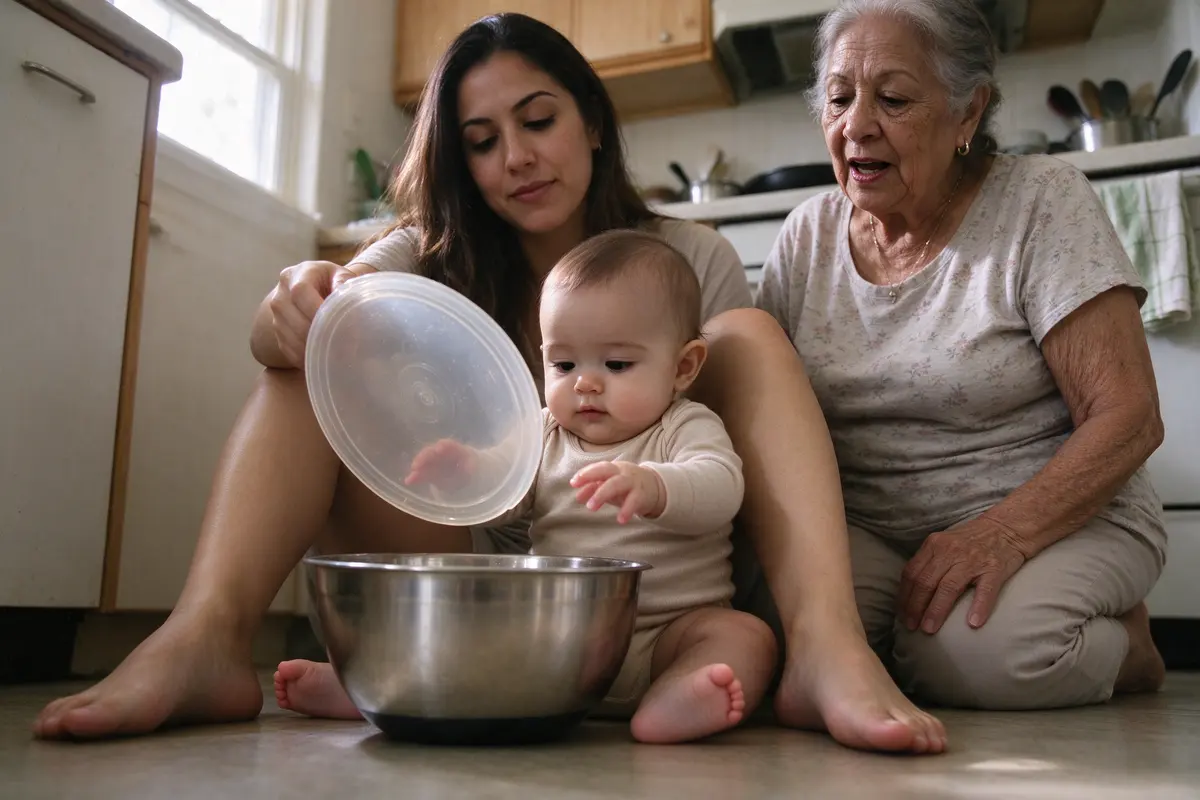 The baby, sitting on the kitchen floor against the mother's legs, dropping a big plastic lid into a mixing bowl with both hands, the grandmother kneeling beside them saying something.