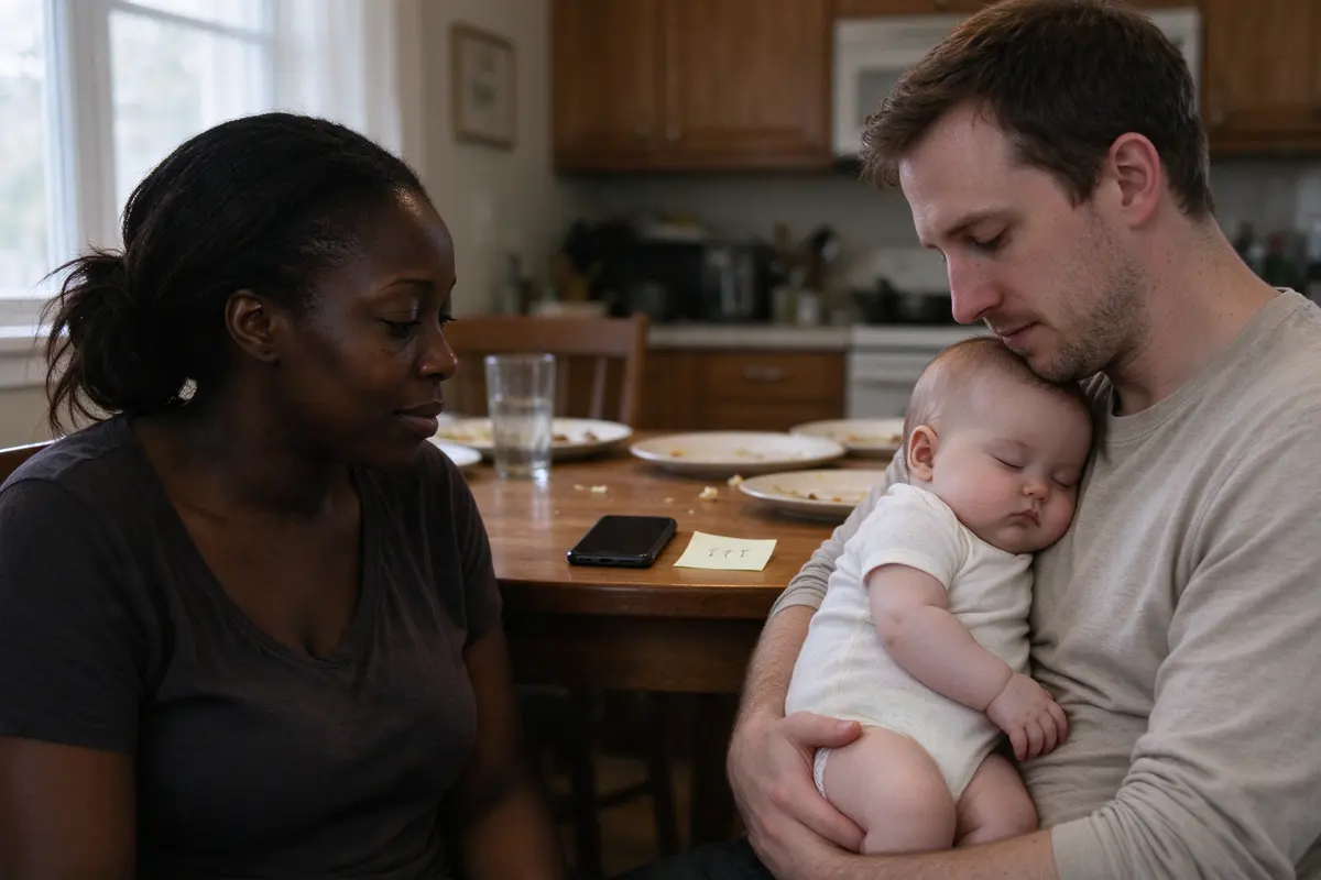 The mother and father at the kitchen table after dinner, a phone face-down between them and a single sticky note with three short lines written on it, the baby asleep in the father's arms.