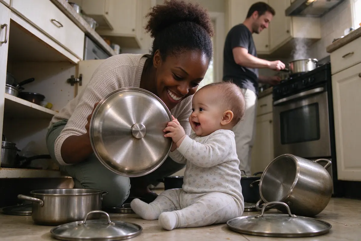 The baby, sitting on the kitchen floor, has emptied the low cabinet of pots and lids around them and is holding a lid up to the mother, who is crouched at eye level grinning.