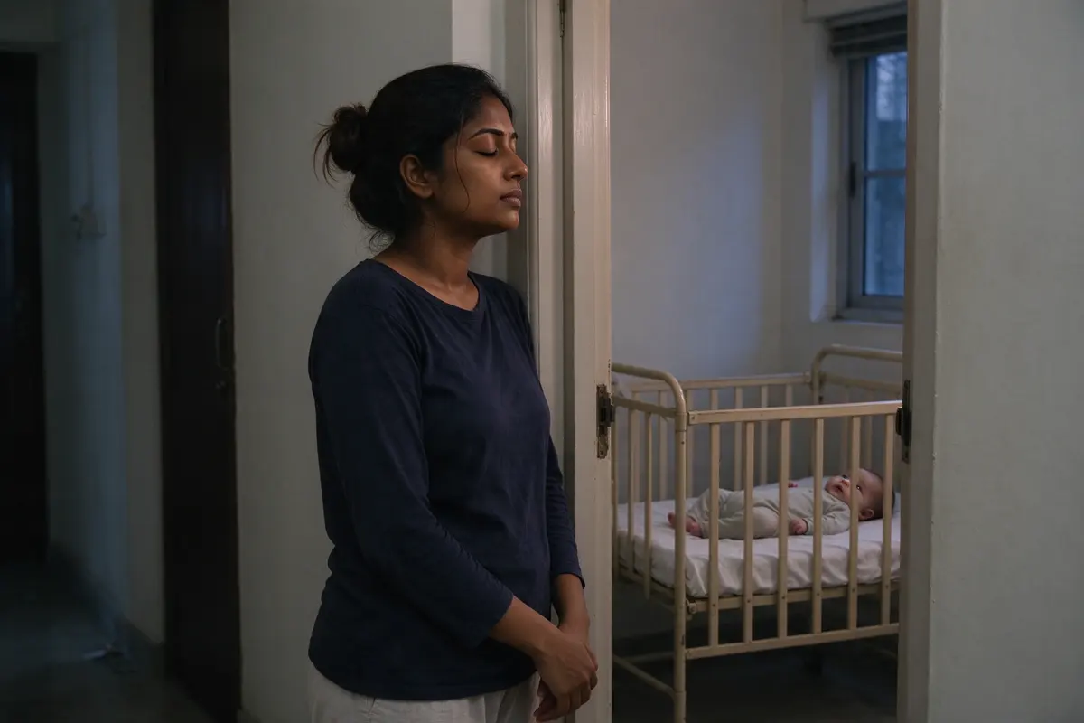 The mother standing alone at an open back door in the evening, eyes closed, breathing, the baby visible through the doorway behind her lying on their back in a bare crib in the next room.