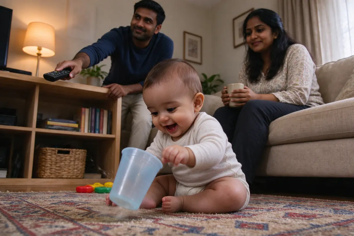 The baby on the rug banging a plastic cup on the floor, pleased, while the father slides the remote onto a high shelf behind him and the mother watches from the sofa with a mug held well away.