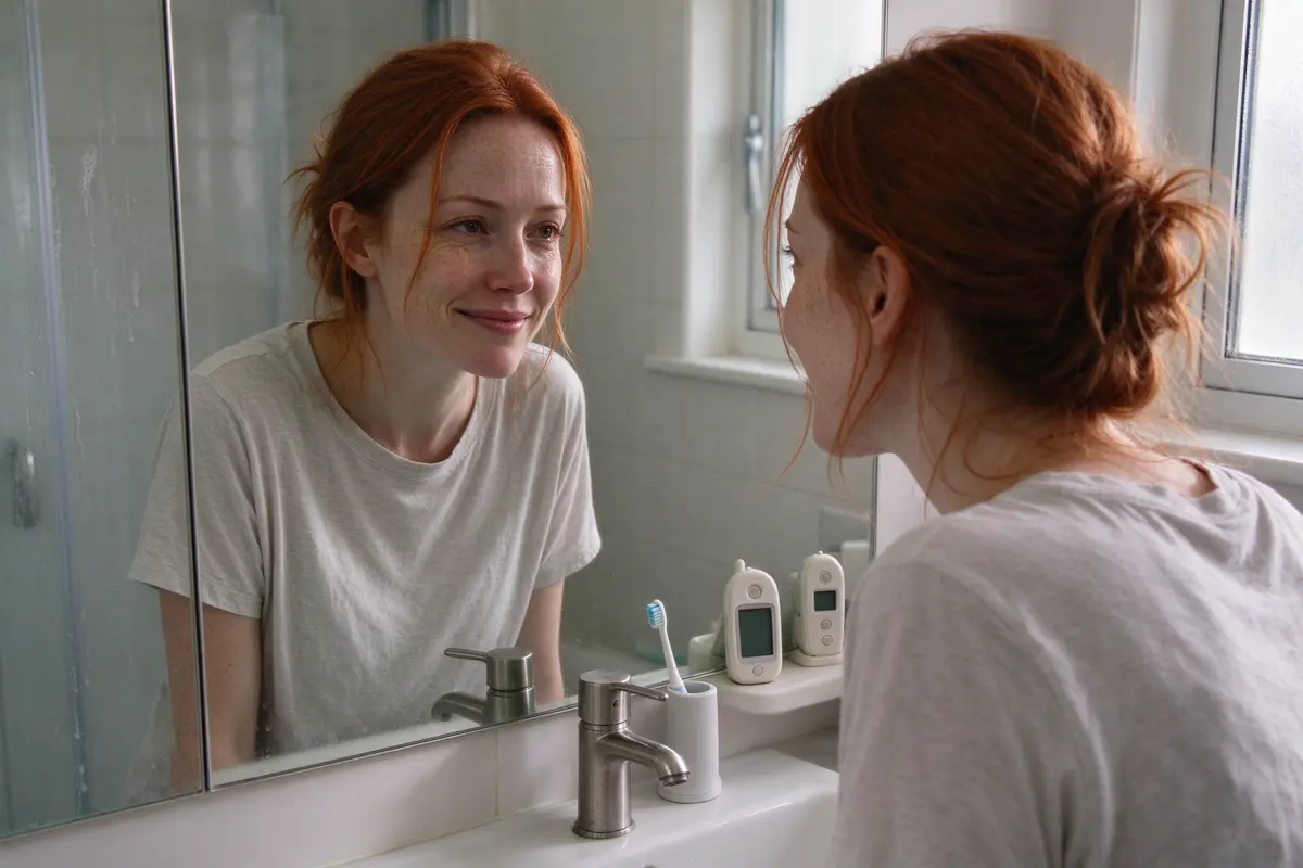 The mother alone at a bathroom mirror in morning light, hair tied up, looking at herself with a small, honest half-smile, a baby monitor on the shelf beside the sink.