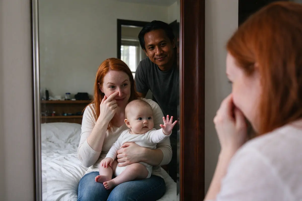 Seen in the mirror, the baby on the mother's lap patting the glass with one open hand while the mother touches her own nose and then the baby's, a Filipino father leaning in the doorway behind.