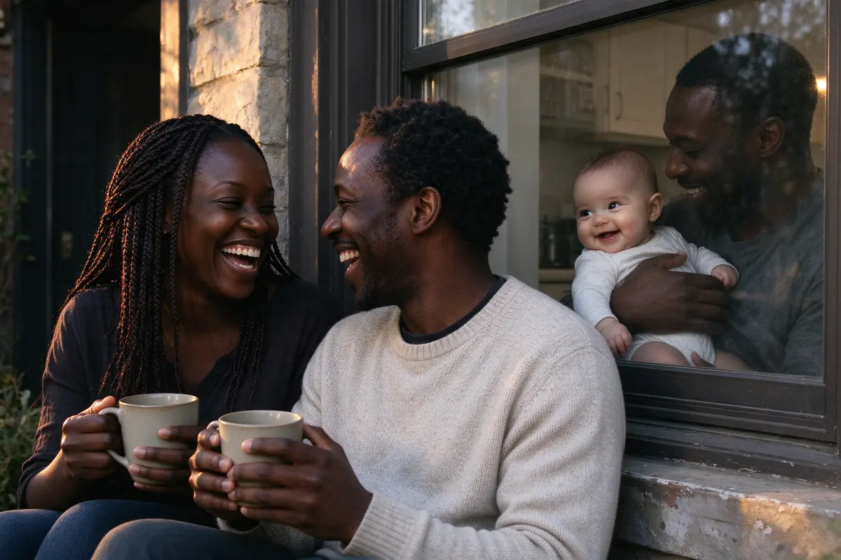 The mother and the uncle laughing together on the back step in golden light, mugs in hand, the father visible through the window holding the baby, who is now grinning at the uncle through the glass.
