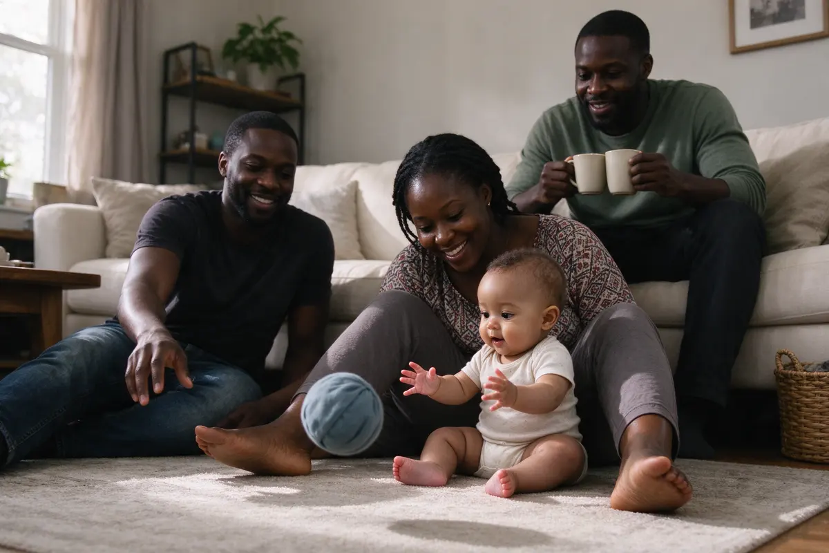The uncle now on the floor a few feet from the sofa rolling a soft ball toward the baby, who sits between the mother's knees watching it with both hands out, the father bringing in coffee.