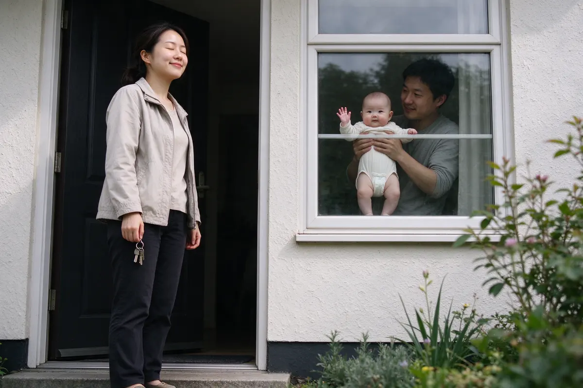 The mother outside the front door in a light jacket, keys in hand, pausing on the step with her eyes closed and a small smile, the father visible through the window holding the baby up to wave.