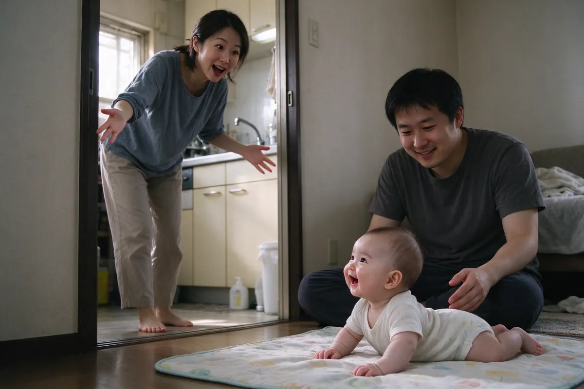 The mother stepping back through the doorway with a big hello, arms open, the baby on the mat twisting toward her with a wide grin, the father beside the baby with his hand near their back.