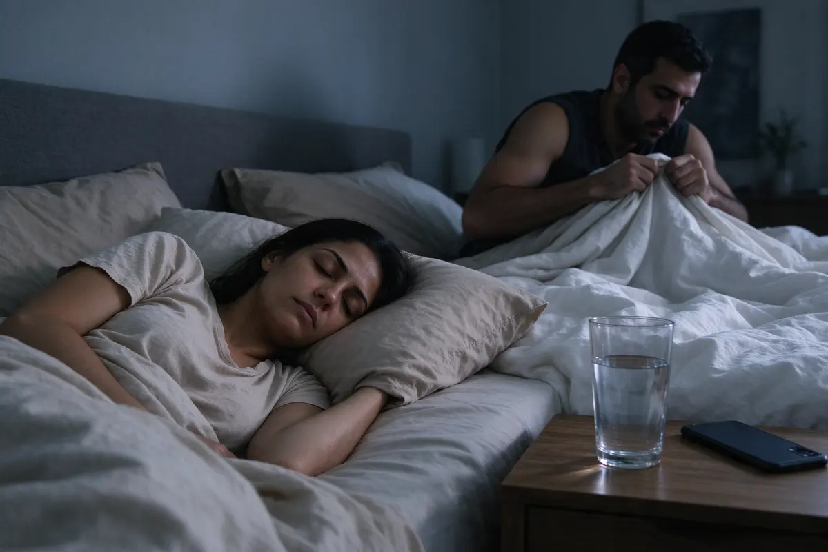 The mother asleep on her side in bed in gray early light, phone face-down on the nightstand beside a glass of water, the father sliding back under the covers on the far side.