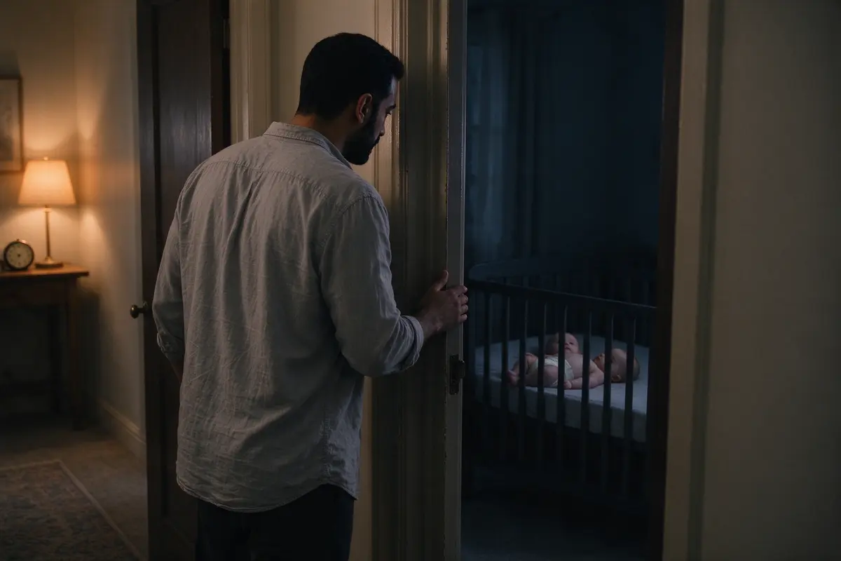 The father stepping out of the nursery, pulling the door nearly closed, the crib behind him with the baby on their back and settling, a small clock on the hall table reading just past two.