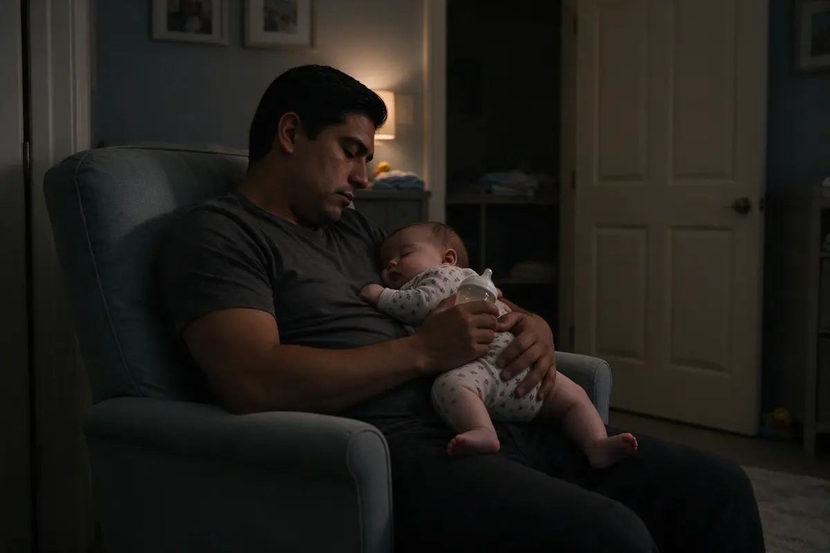 The father in the armchair at night holding the bottle this time, the baby asleep against his chest, the mother's bedroom door across the hall closed with the light off.