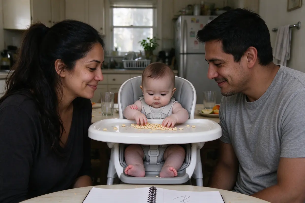 The mother and a Latino father at the kitchen table in the morning, a notebook between them with one question in large letters, the baby in a buckled high chair raking cereal pieces on the tray.