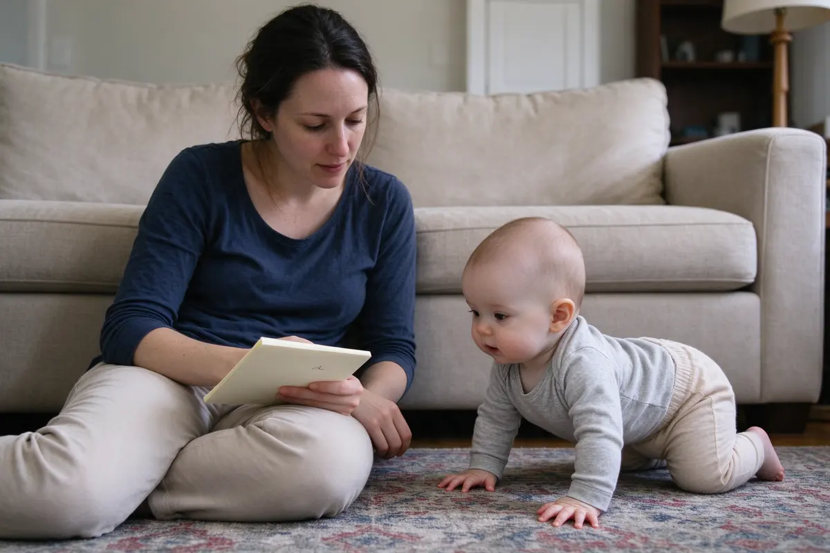 The mother sitting on the floor of a living room, eye level with the sofa, holding a notepad with one room's name written on it, the baby rocking on hands and knees on the rug beside her.