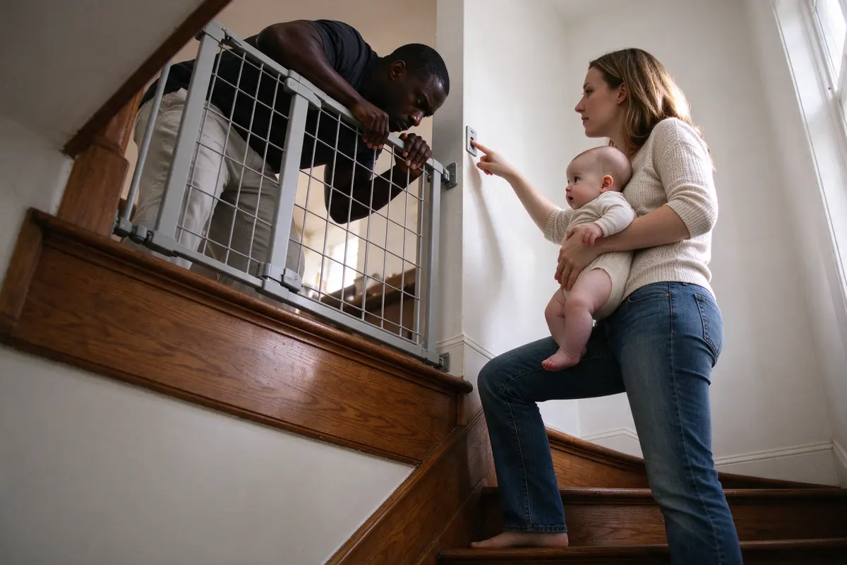 A Black father at the top of the stairs pushing hard on a closed gate with both hands to test it, the mother below holding the baby on her hip and pointing up at the gate's wall bracket.