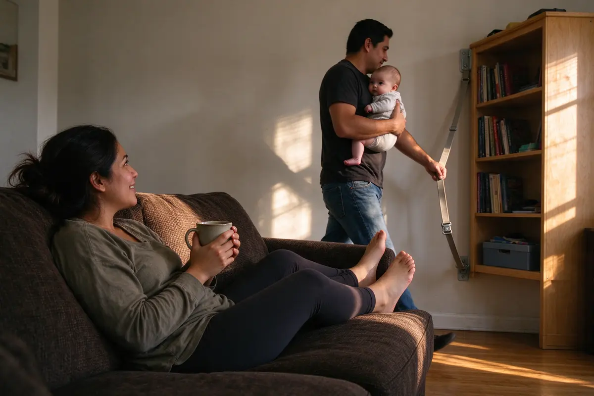 The mother on the sofa with her feet up and a mug in both hands, the father carrying the baby past her toward the bookcase with a wall strap in his other hand, late-afternoon light.