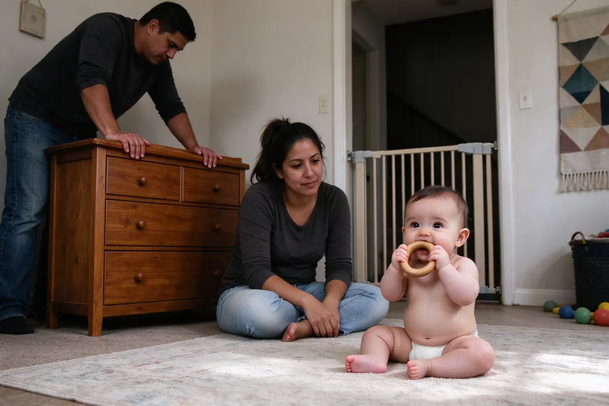 The father pushing the top of the anchored dresser with both hands, the mother watching from the floor, the baby sitting on the rug chewing a large wooden ring, a stair gate in the hall.