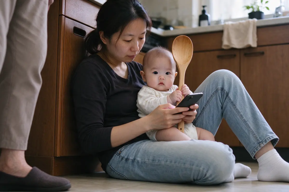 The mother on the kitchen floor with her back against a cabinet, typing a number into her phone, the baby in her lap holding the wooden spoon, the grandmother's slippers at the frame's edge.