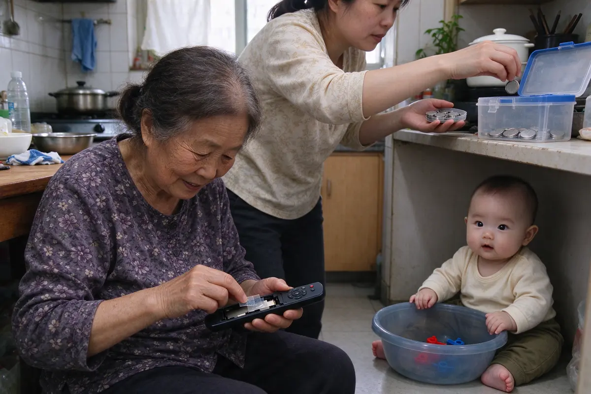 The grandmother taping a remote's battery cover shut while the mother drops spare coin cells into a lidded box on a high shelf, the baby on the kitchen floor below with a big plastic bowl.