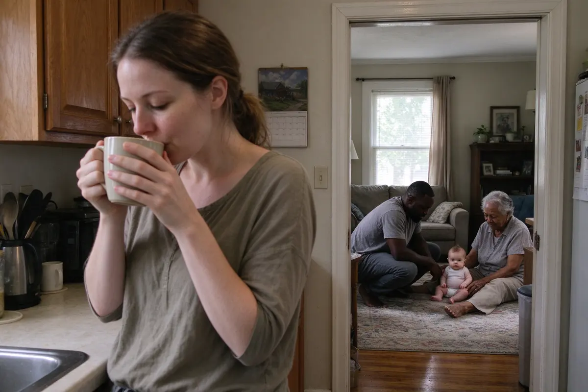 The mother alone at the kitchen counter drinking from a mug with both hands, the baby visible through the doorway on the living-room rug between the father and a grandparent.