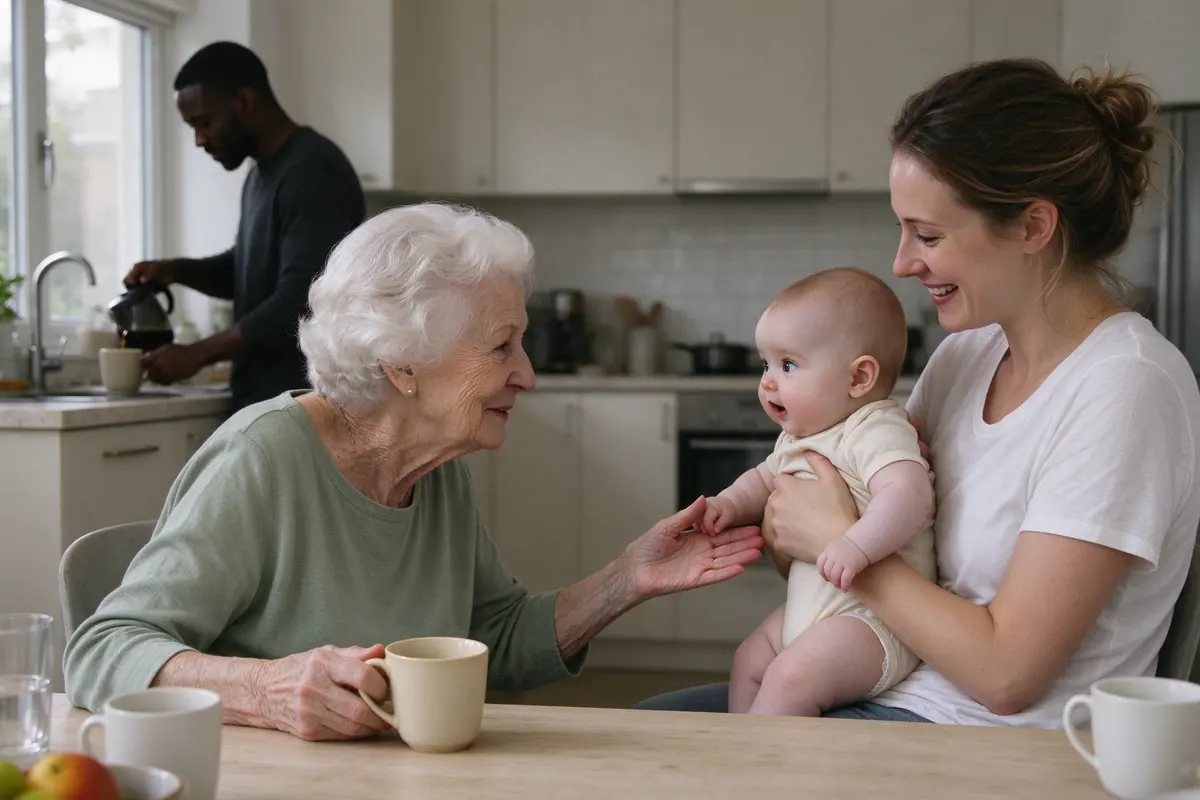 The grandmother setting her mug down in the middle of the table before reaching for the baby, the mother handing the baby across with a smile, the father pouring coffee at the far kitchen counter.