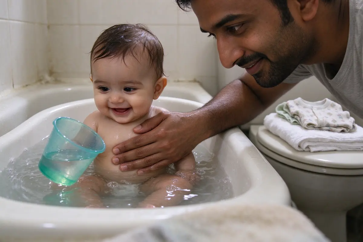 Close on the father's hand steadying the baby's chest in the shallow bath, a towel, washcloth, and pajamas stacked on the closed toilet lid within his reach, the baby grinning at a floating cup.