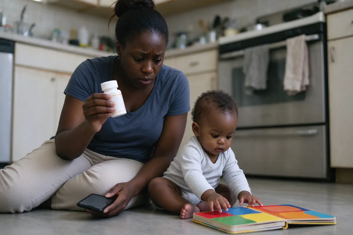 The mother sitting on the kitchen floor beside the baby with her own prescription bottle in one hand and her phone in the other, reading the label, the baby reaching for the book instead.