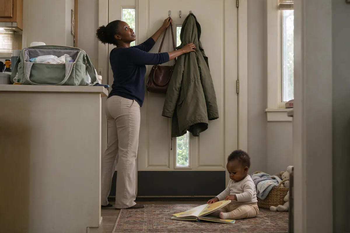 The mother reaching up to hang her handbag and a visitor's coat on a high hook by the front door, the diaper bag open on the counter behind her, the baby on the rug with the board book.
