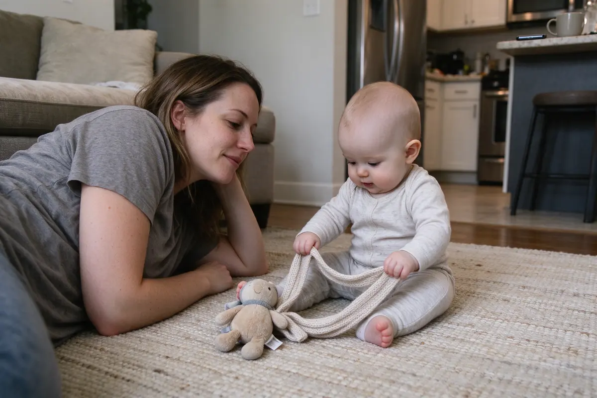 The mother's phone face-down on the kitchen counter beside a cold mug, seen from the rug where she lies on her side watching the baby pull a scarf off a toy.