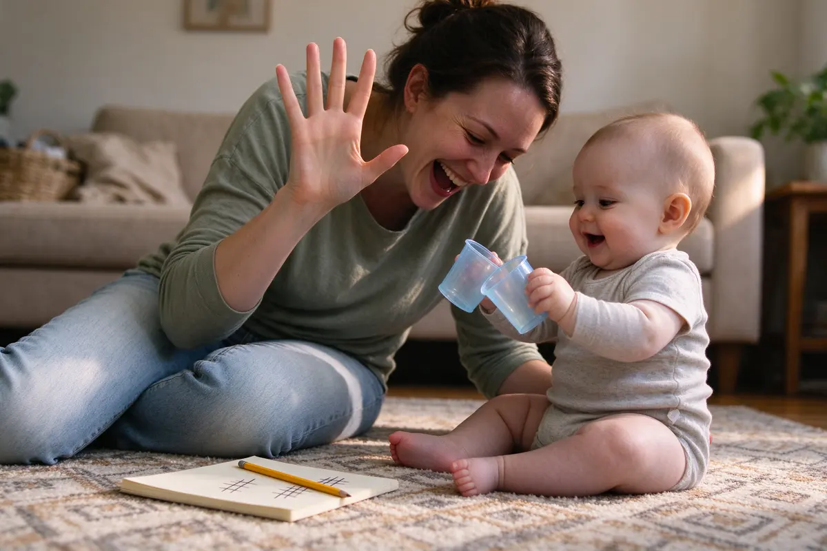 The mother holding up four fingers and laughing as the baby looks up from the cups mid-bang, a notepad with tally marks on the rug beside her, the remote on a high shelf out of frame of the baby.