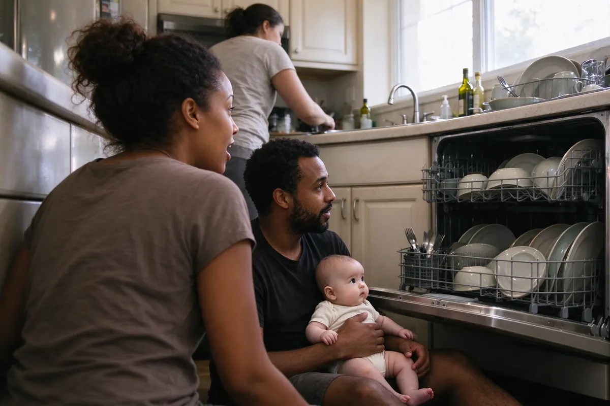 The mother at the sink narrating over her shoulder, the father on the kitchen floor with the baby in his lap, both of them looking where the baby looks, at the open dishwasher.