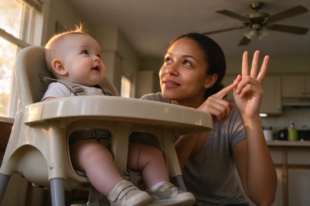 The baby in a high chair gazing up at a ceiling fan while the mother, seated beside the tray, points up at it and holds up three fingers on her other hand, afternoon light through the window.