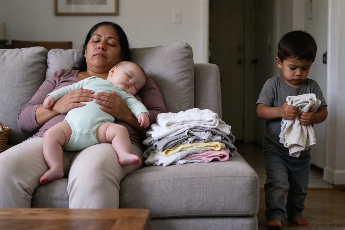 The mother sitting back against the sofa with the folded laundry stacked beside her, the baby asleep on her chest, the toddler carrying one towel toward the hallway with great seriousness.