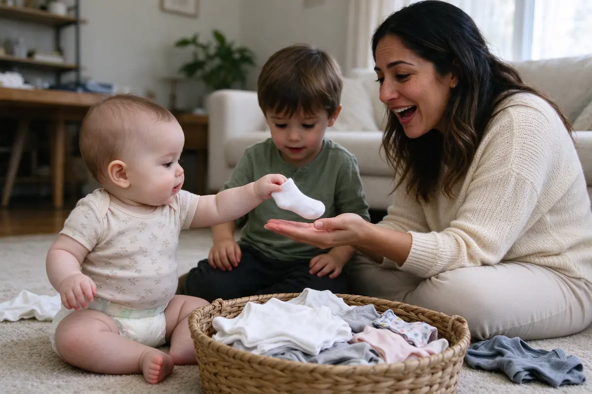 The baby dropping the sock into the mother's palm, the mother's face lit up mid-thank-you, the toddler leaning in to watch, clean laundry spilling from the basket between them.