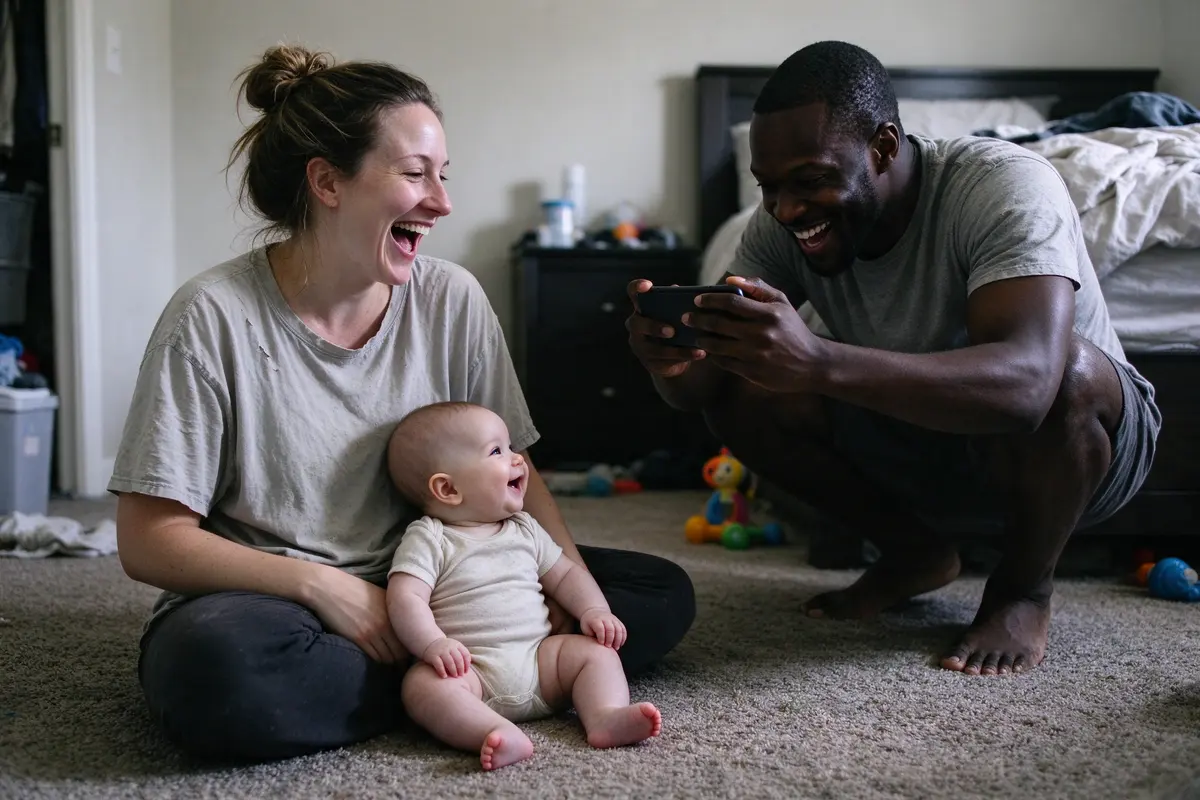 The mother sitting cross-legged on the floor in a worn T-shirt, hair up, the baby leaning back against her legs, the father crouched a few feet away taking her picture, both of them laughing.