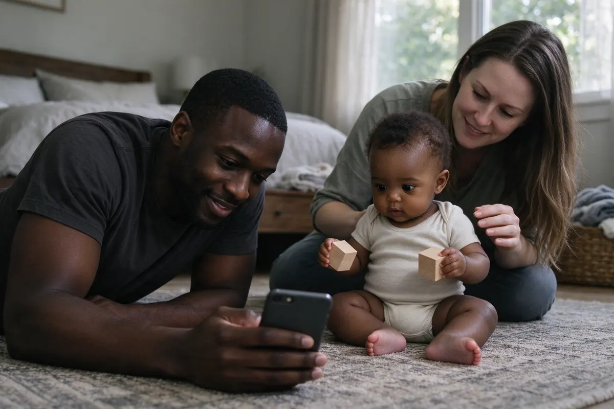 The father lying on his stomach holding the phone low for a photo, the baby sitting on the rug clutching a wooden block in each hand, the mother behind the baby with one hand ready and not touching.
