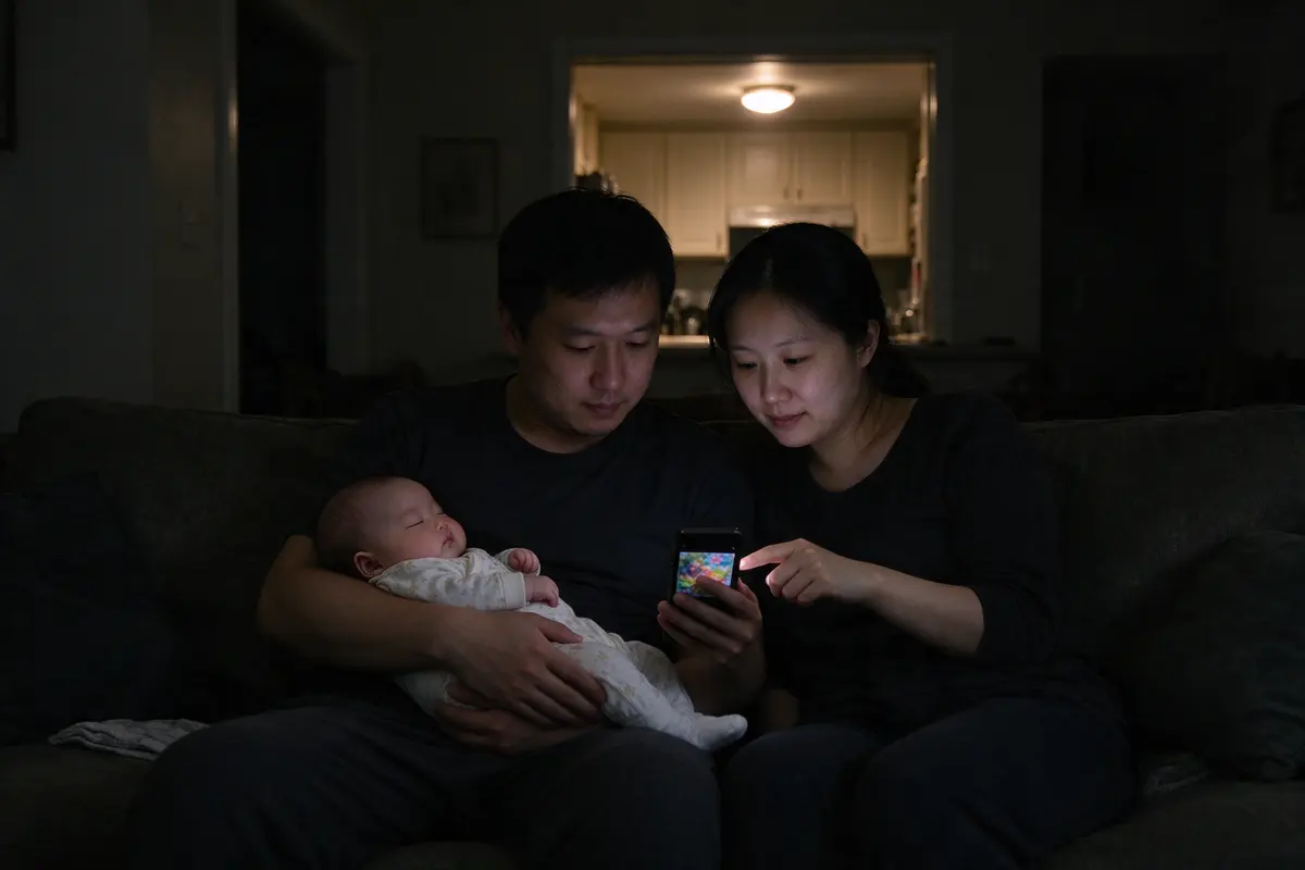 The mother and father side by side on the sofa after dark, the baby asleep in the father's arms, the mother showing him something on her phone with the kitchen light the only light on.