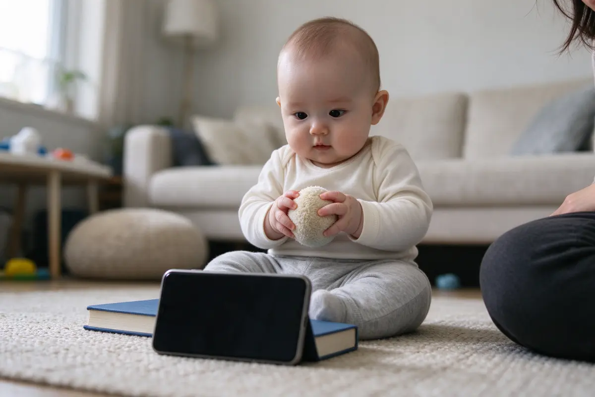 The baby sitting alone on the rug with a soft ball in both hands, looking straight into the father's phone propped against a book on the floor, the mother's knee just in frame beside the baby.