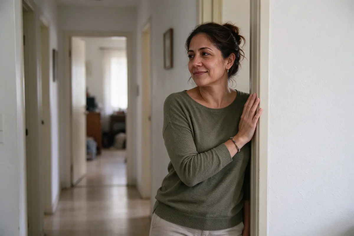 The mother alone in the hallway with her hand on the doorframe, head tilted, listening to the baby's babble from the next room, soft daylight on her face.