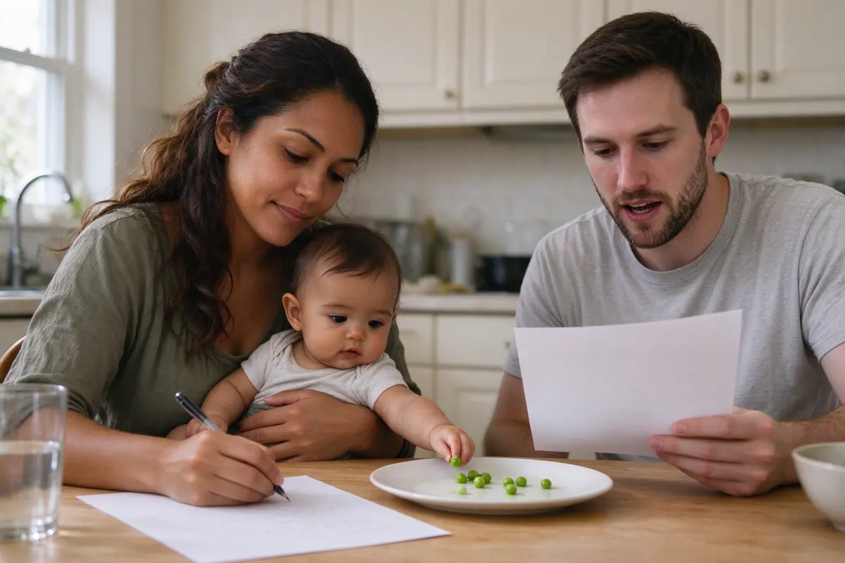 The mother at the kitchen table writing on a printed list with the baby on her lap pinching a cooked pea from a plate, the father across from her reading out the next line.