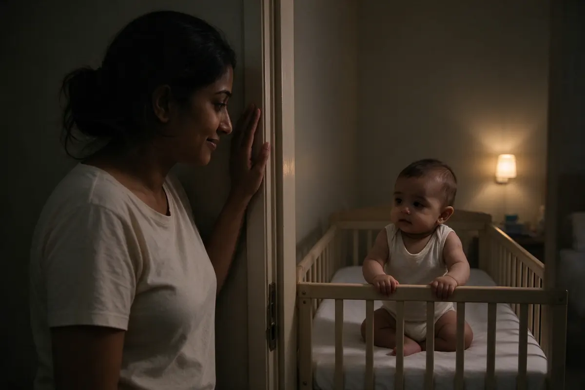 The mother in a dim nursery doorway at night in a T-shirt, one hand on the frame, half-smiling toward a crib where the baby sits up holding the rail, a nightlight glow on the wall.