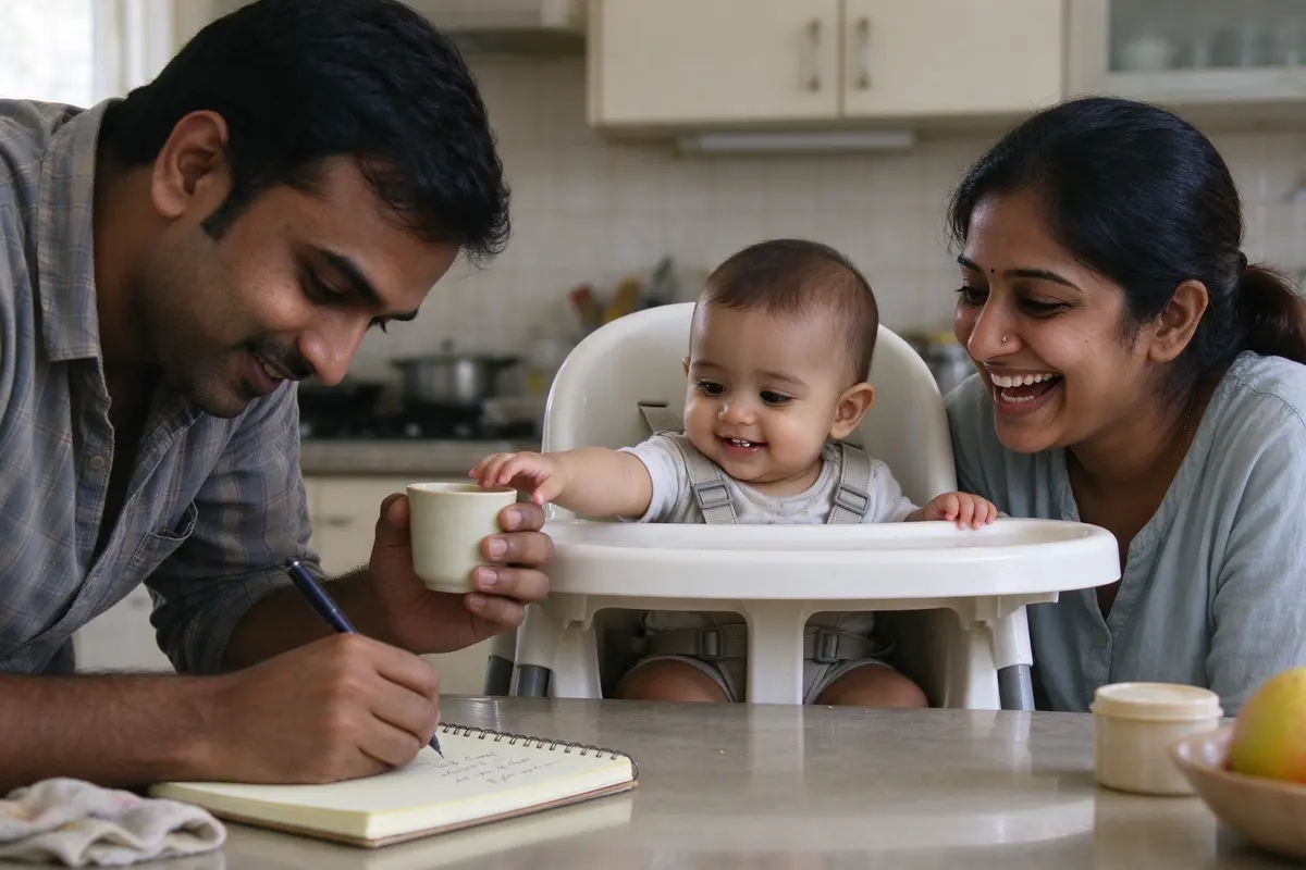 A close shot of the father's hand writing in a small notebook on the kitchen counter, the baby in a high chair with the harness on beside him reaching for a cup he holds, the mother laughing.
