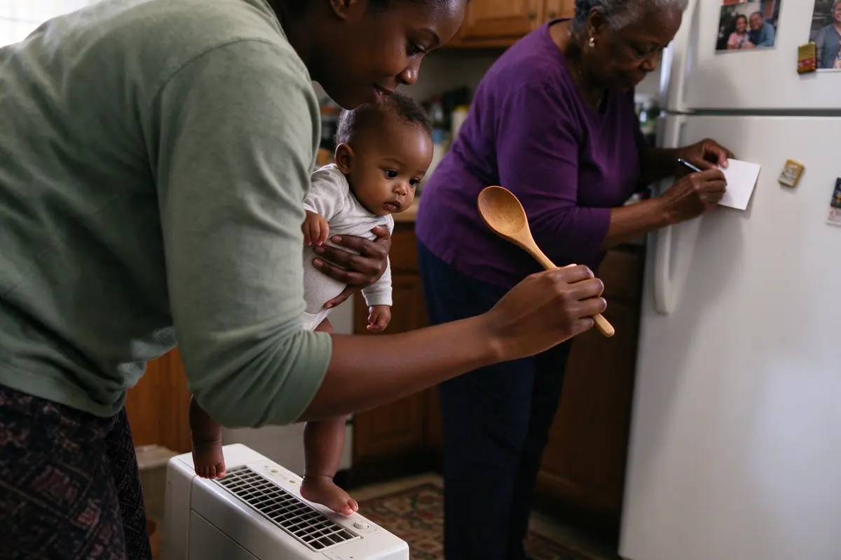 The mother lifting the baby away from a floor heater with one arm while her other hand offers a wooden spoon, the baby's eyes on the spoon, the grandmother writing a single word on a fridge card.
