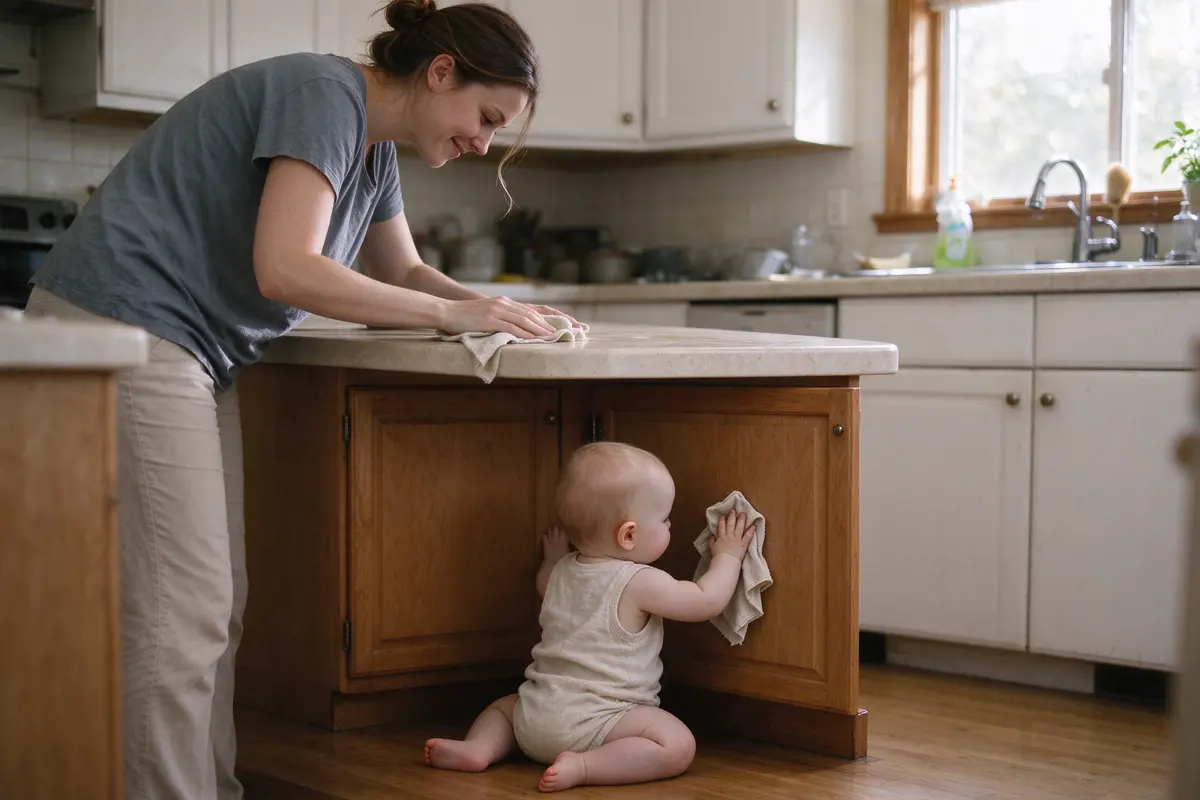The mother at the kitchen counter wiping it with a cloth, glancing down and smiling at the baby on the floor beside her rubbing a dry washcloth on the cabinet door, morning light.