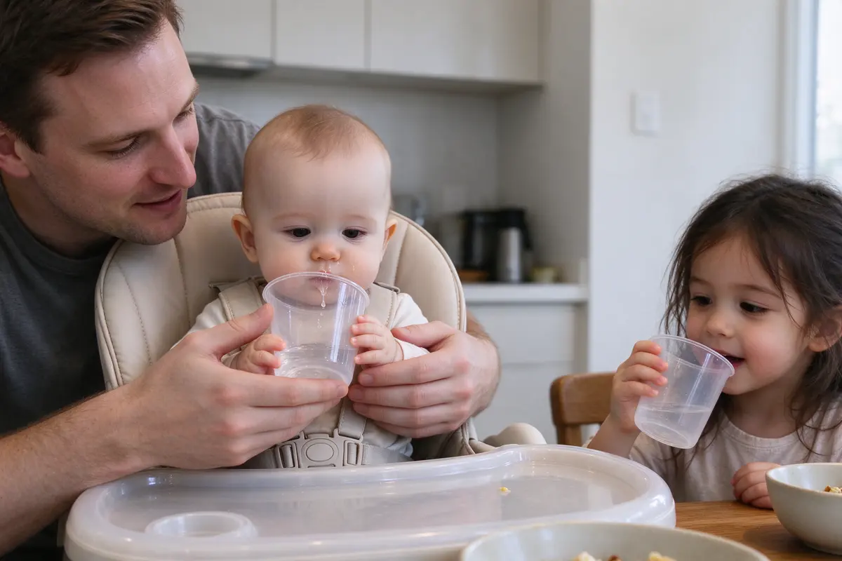 The baby in a high chair with the harness buckled, both hands on an open cup the father tilts to his lips, a dribble on his chin, the sister at the table copying with her own cup.