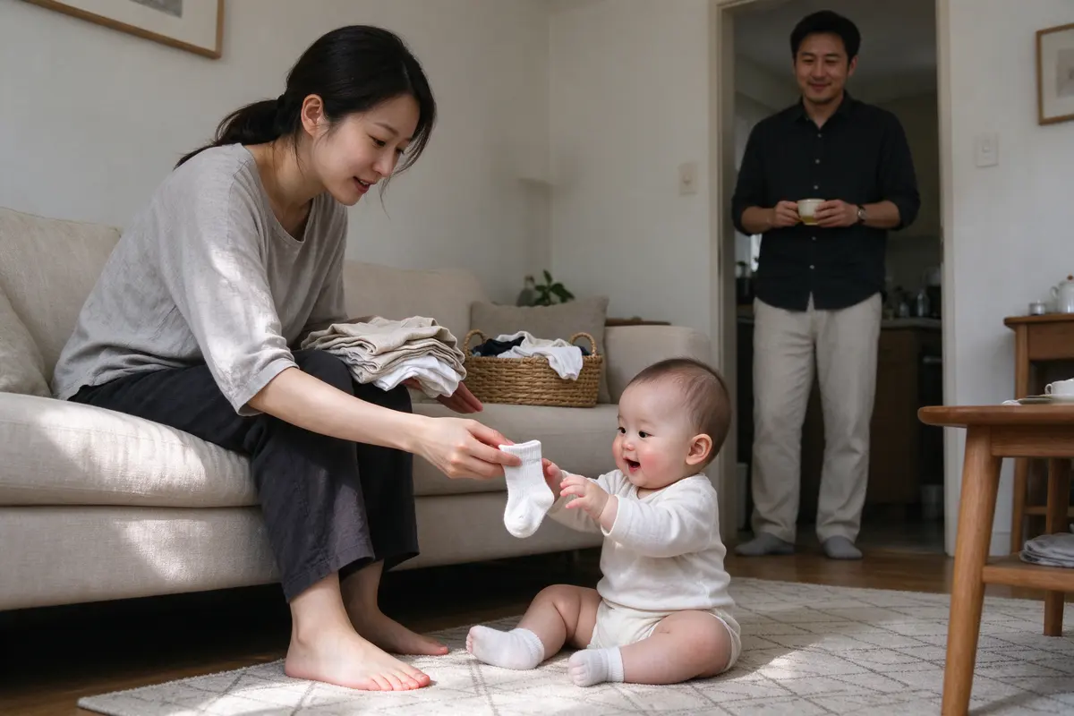 The mother folding laundry on the sofa, a single baby sock held out toward the baby sitting on the rug, who reaches for it with both hands, the father watching from the doorway with tea.