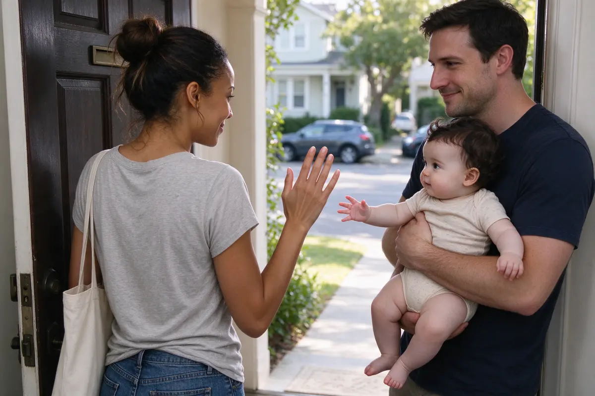 The mother at the front door with a tote bag, turned back to wave at the baby on the father's hip, the baby's arm out toward her, the door half open on a bright street.