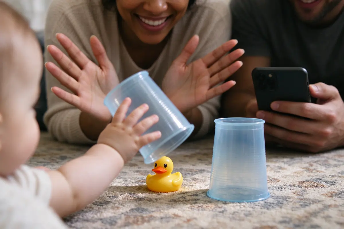 Close on the baby's hand lifting one cup to reveal a small rubber duck, the second cup still down, the mother's hands open in a cheer and the father's phone filming from floor level.