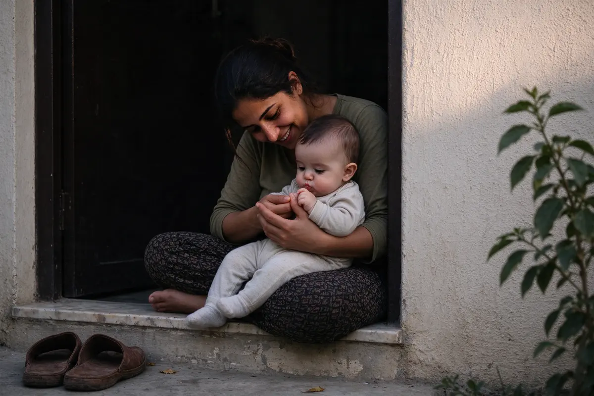 The mother on the back step in late light with the baby on her lap, the baby pulling her mother's hand toward her own mouth to blow a raspberry on it, the grandfather's slippers in the doorway.